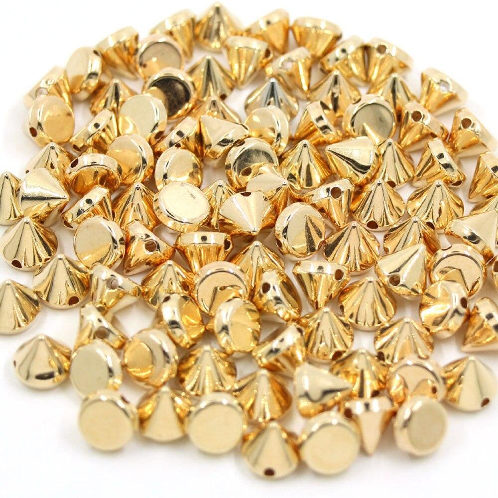 100 шт., 10 мм, конусные пластиковые шипы и шпильки, 2 отверстия, пришить CCB, кожаные заклепки, серебристый, золотой, черный, в стиле панк, поделки своими руками для сумок