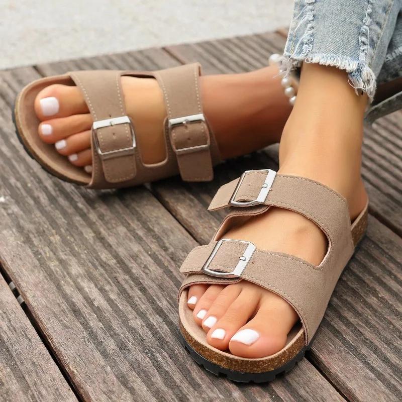 2024 Высокое Качество Женская Обувь Лето Новинка Однотонные Босоножки с Открытым Носком Женские Балетки Мода Большой Размер Римские Женские Шлепанцы