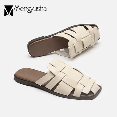 Мода 2024 года, ретро-тапочки с перекрестной вязкой, женские сандалии-гладиаторы с закрытым носком, мокасины на плоской подошве, женские туфли-сабо для пляжа, лето