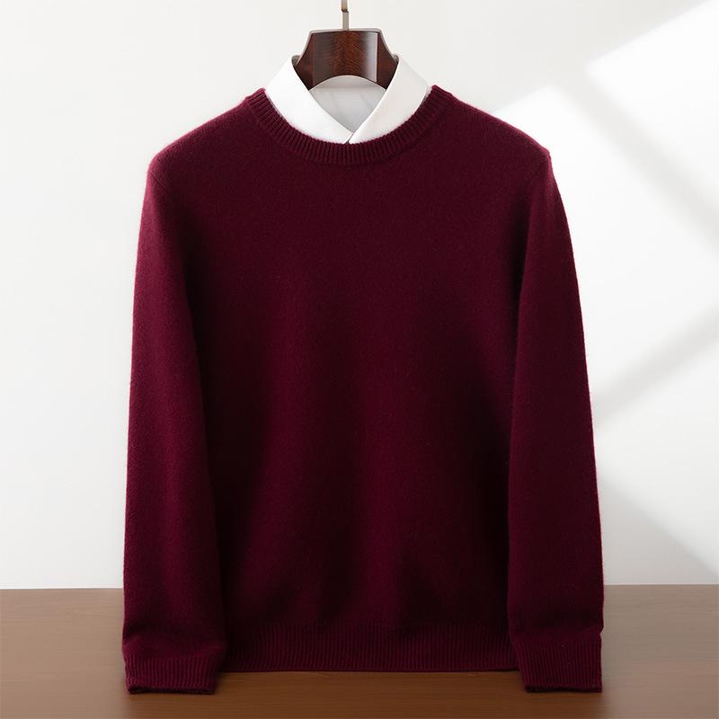 Мужской кашемировый свитер с круглым вырезом, плотной вязки, однотонный - Business Casual, свободная вязка, базовый слой для осени и зимы
