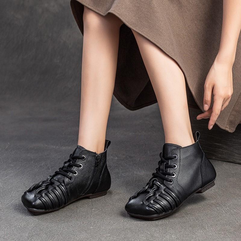 Johnature Retro Short Boots Comfortable Genuine Leather Casual Versatile Woven Women's Shoes