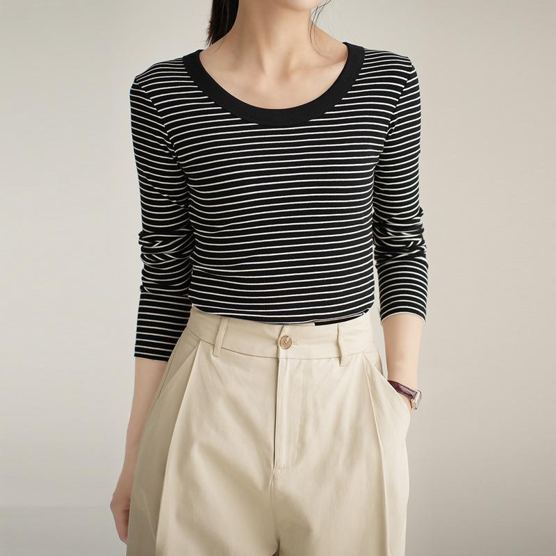 Футболка из чистого хлопка, женская рубашка с длинными рукавами в полоску, осенняя новинка, круглый вырез, тонкий и универсальный топ