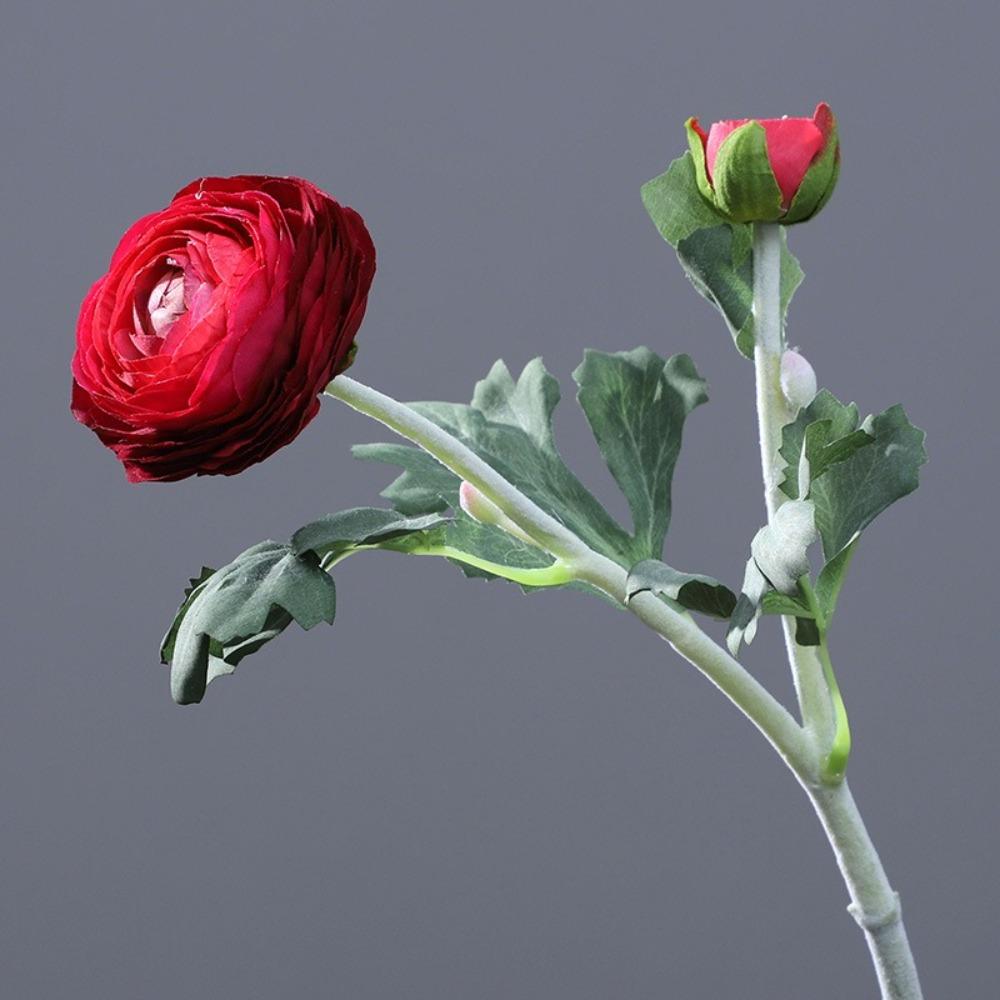 Plastic Material Artificial Flower 2 Head Design Faux Bloom Artificial Ranunculus Asiaticus Realistic Texture Silk Fabric