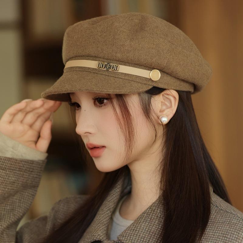 Осень и Зима Новая Шляпа Женская Шерстяная Темно-синяя Шляпа Ретро Простая Модная Кепка Идеально подходит для Холодной Погоды, Зимний Головной Убор