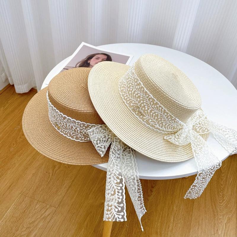 Summer Beach Straw Hat For Women Lace Bow Wide Brim Sun Protection Hat Travel Fashion Vacation Sunscreen Cap Mountaineering Hat