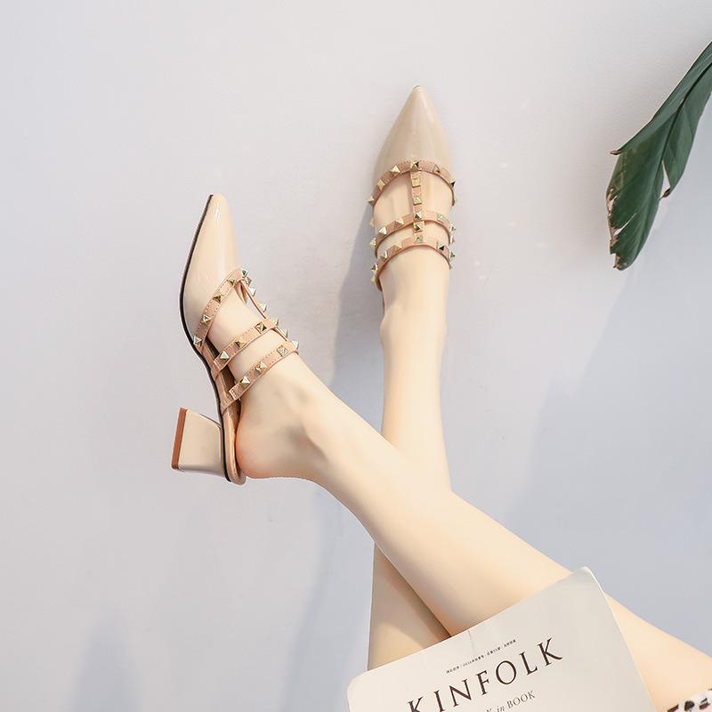 2025 Summer New Internet Celebrity Temperament Rivet Heel Thick Heel Bag Head Half Slippers Women Wear High Heel Cool Slippers