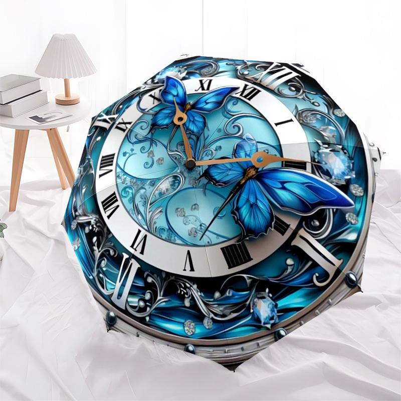 1pc Blue Butterfly Clock Design Umbrella with Plastic Handle,Suitable for All Seasons Home Travel Outdoor UmbrellaDD157