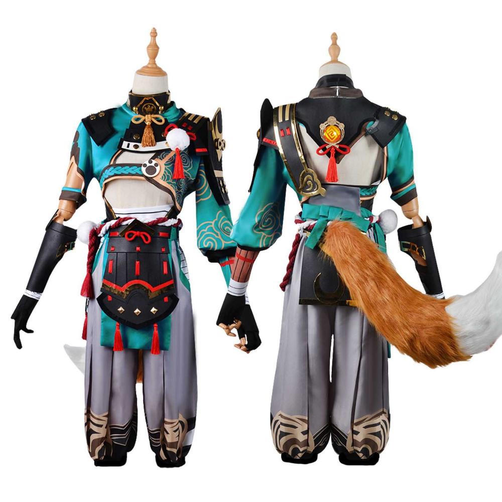 Game Gorou Cosplay Costume Gorou Wig Pants Tail Ears Uniform Suits Halloween Blue Fox Boy Full Set