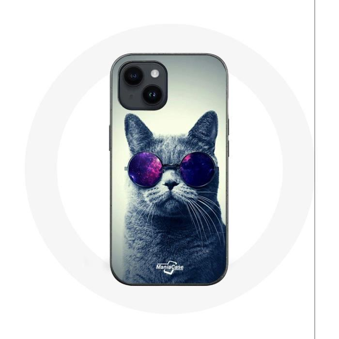 Coque pour Iphone 14 - Maniacase - Chat avec lunettes - Souple - Noir - Violet