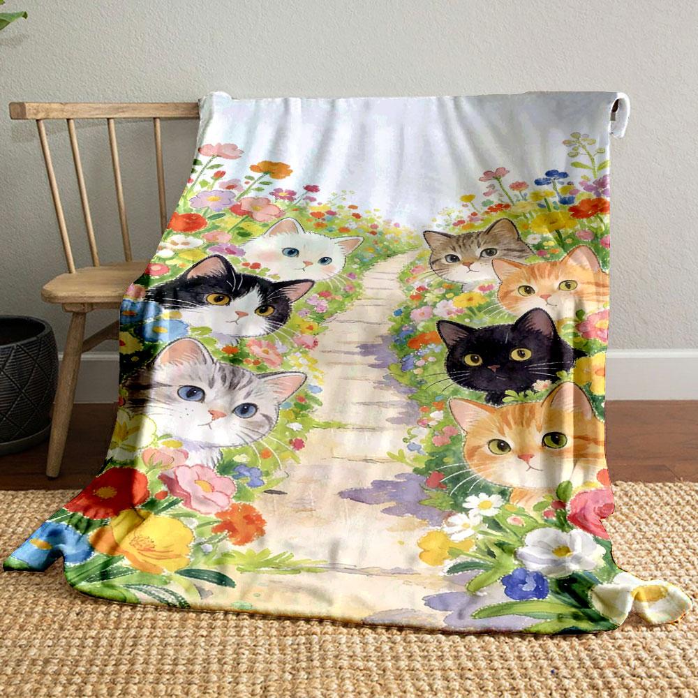 Cats in a Colorful Flower Pathway print blanket soft and cozy perfect for the living room bed sofa or a nap,gift