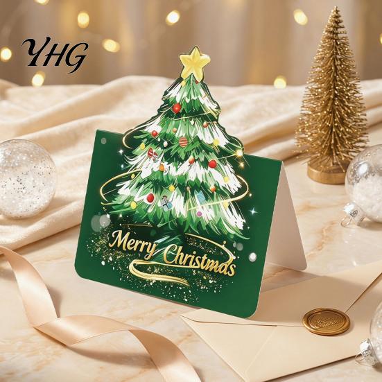 Premium Paper Cards for Christmas Season 10 Pcs 3D Tree Greeting Cards, Holiday Postcards Blank Note Hand Written Blessings Bulk New Year, Winter Xmas