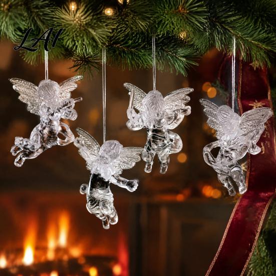 Clear Angel Figurines 4Pcs Winged Hanging Ornaments Figurines Winter Wedding Atmosphere Props Christmas Tree Decor Seasonal Home Party Supplies