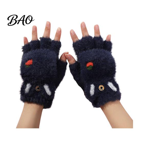 Cute Bear Paw Thermal Mittens Furry Cat Gloves, Flip Top Mitten with Button for Women, Winter Comfortable Indoor Outdoor Gloves Plush Half Finger