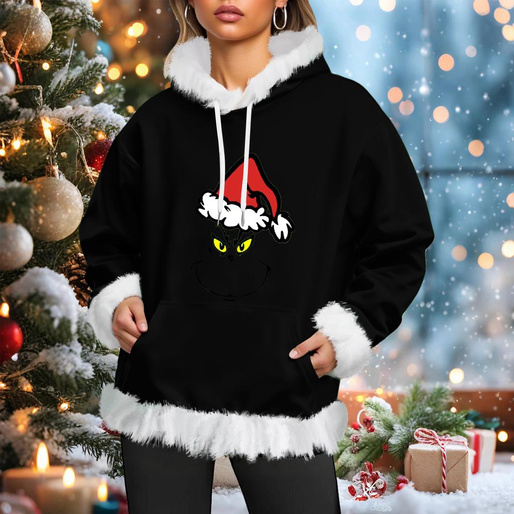 Women's Christmas Casual Fleece-Lined Hoodie With Long Sleeves And Pockets Sweatshirt Top