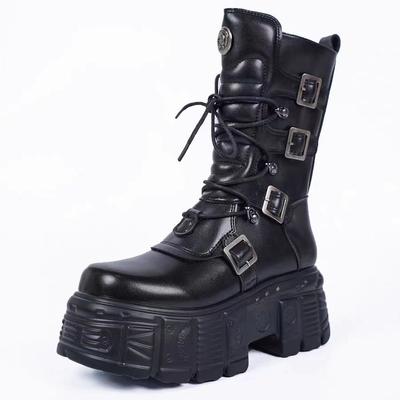 Кибер-рок Женские Новые Металлические Панк Танк Локомотив Высокие Толстая Подошва На шнуровке Средняя Труба Diablo Платформа Каблуки Ботинки