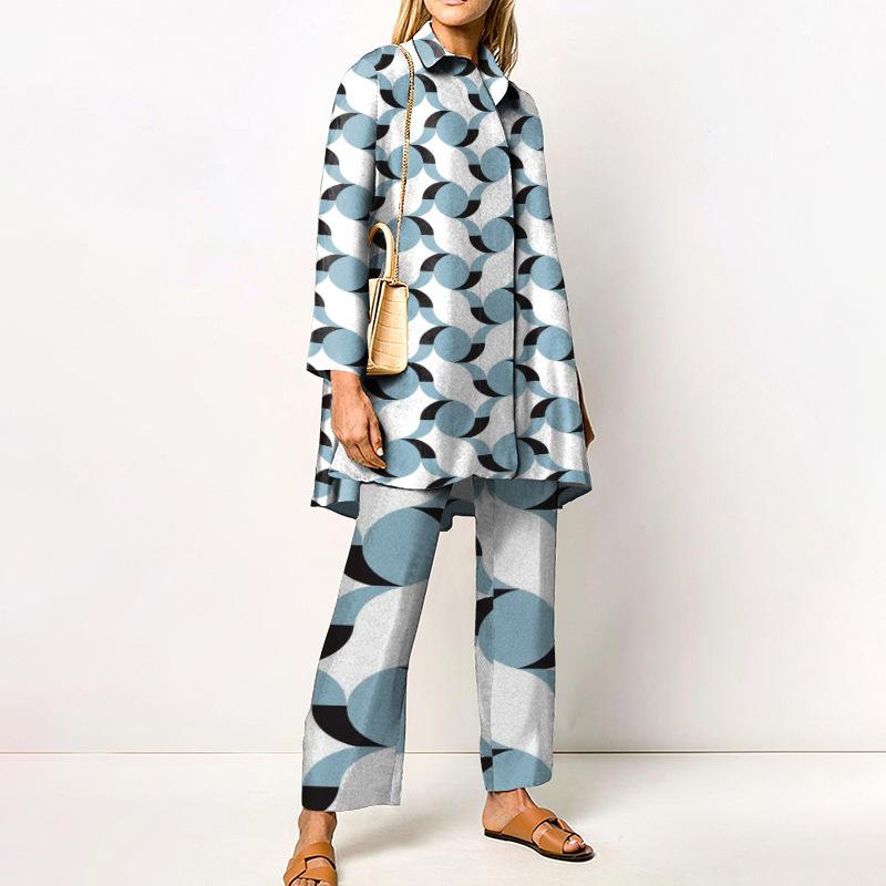 Женский комплект: рубашка и брюки с широкими штанинами, зеленый геометрический принт