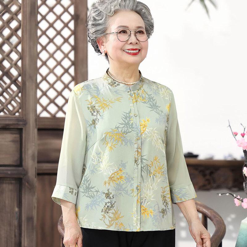 Datang Furen Elderly Women's Thin Stand Collar Summer Blouse Set