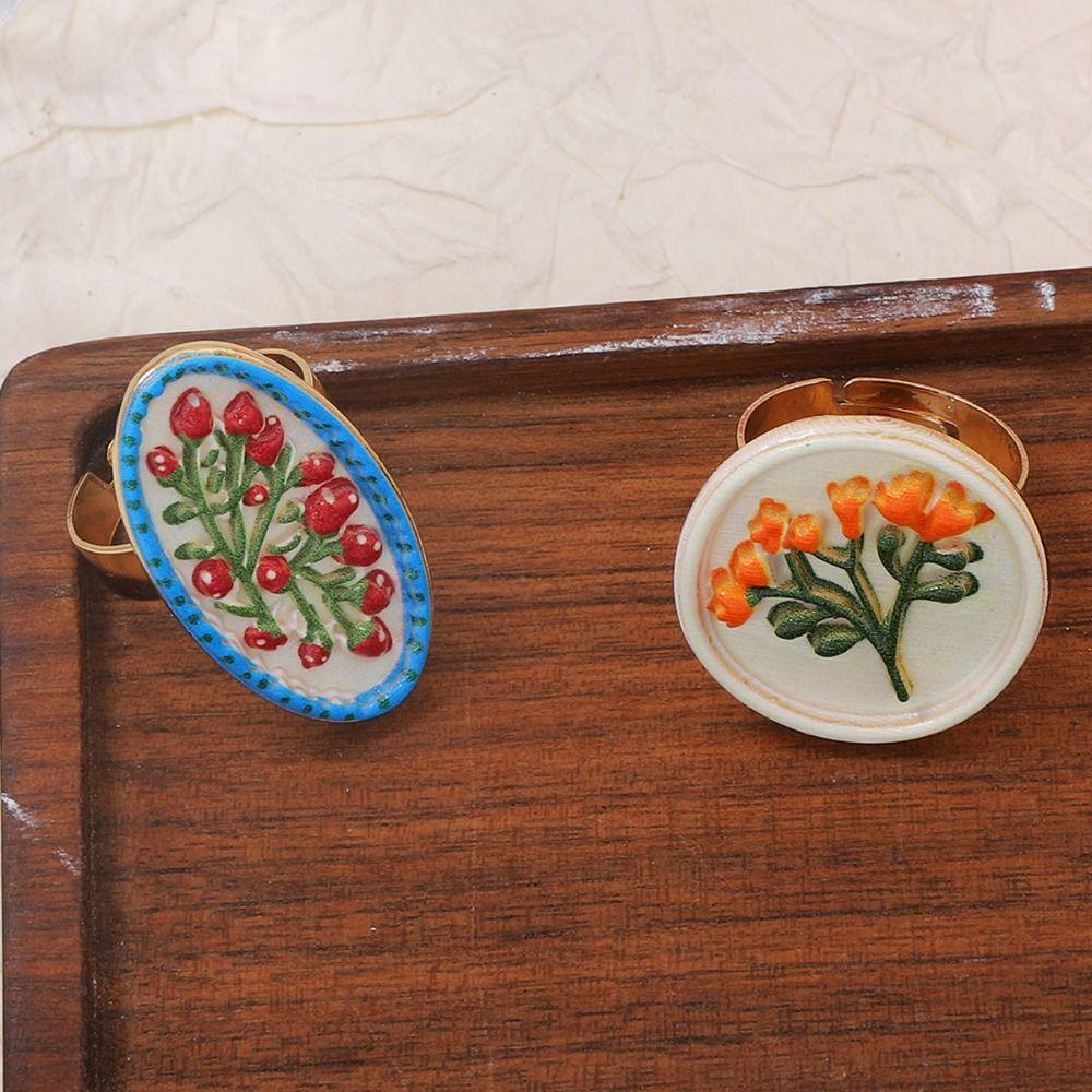 Ethnic Style Vintage Ring French Opening Ring Luxury Enamel Flower Ring Fashion