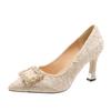 2025 New Pointed Rhinestone Square Buckle High Heel Thick Heel Single Shoes Women's Doudou Shoes Internet Celebrity Shallow Mouth Evening Wind Wome