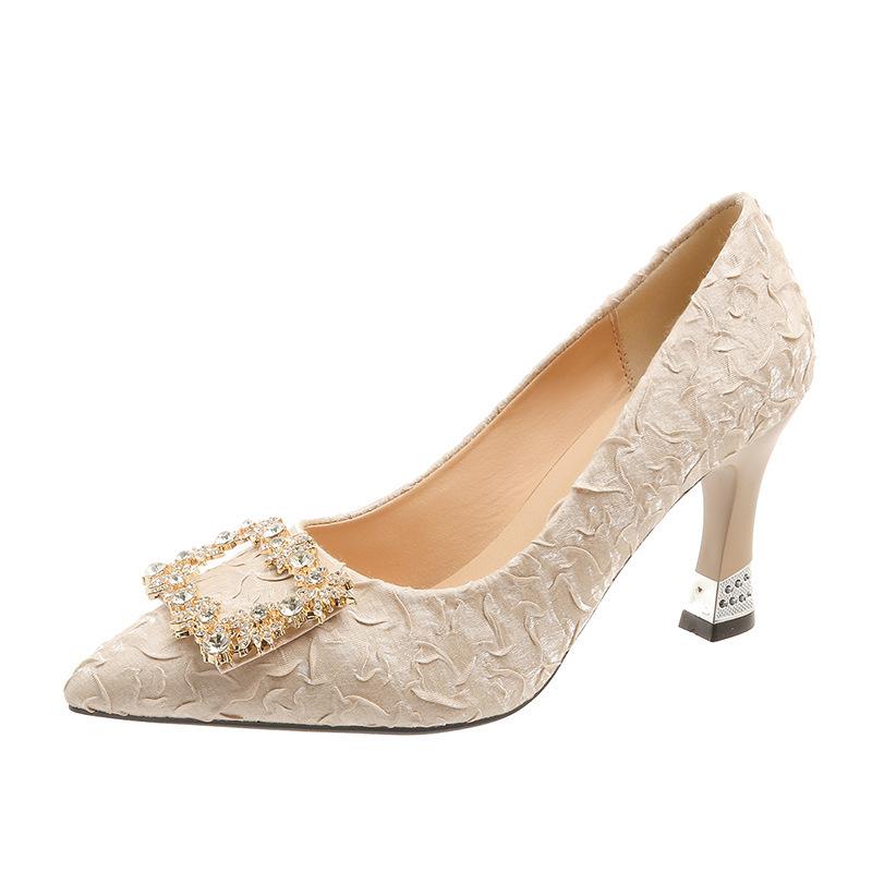 2025 New Pointed Rhinestone Square Buckle High Heel Thick Heel Single Shoes Women's Doudou Shoes Internet Celebrity Shallow Mouth Evening Wind Wome