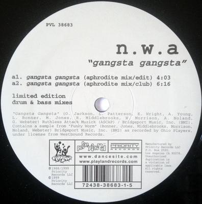 12-дюймовая пластинка N.W.A. Gangsta Gangsta Dopeman Барабан B SPRO81302PVL38 Priority Record 1999 США Танцевальная Электроника Б/у