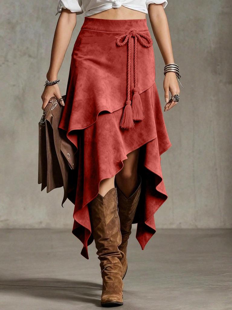 Ретро Европейская Неправильная Западная Замшевая Юбка, Однотонная, Коллекция 2026