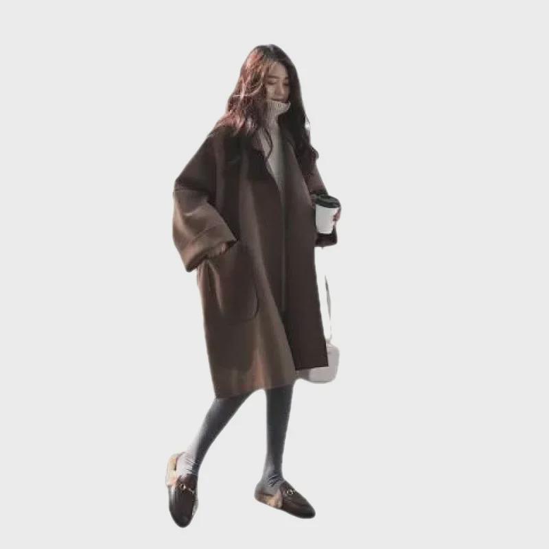 Женская корейская ветровка средней длины 2024 года: Свободный шерстяной студенческий плащ на осень/зиму.