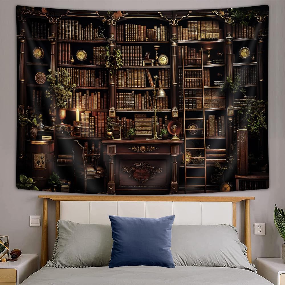 Vintage library tapestry bookshelf design study room decor home wall art antique interior textile classic accessory