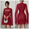 A-line Women Glitter Party Dress Sparkling Slim Evening Dress Chiffon Cape Red Dress  Ladies Girl