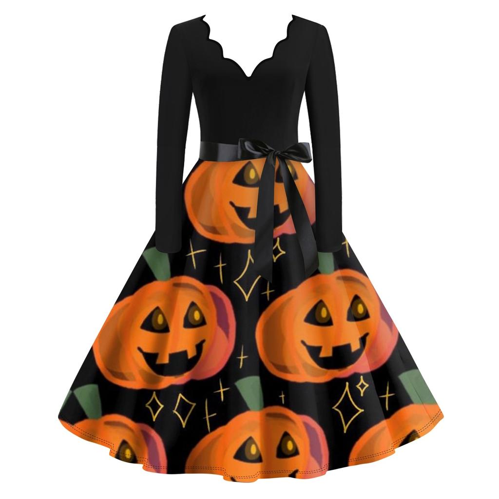 Расклешенное платье с принтом Хэллоуина для женщин Платье с длинным рукавом Повседневные платья