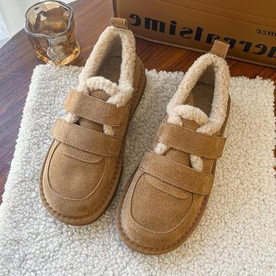 Женские туфли цвета хаки на толстой подошве с мохнатыми вставками 2024 года, зимние женские новые туфли Boken из толстого бархата для тепла и противоскольжения, ретро-ботинки для снега