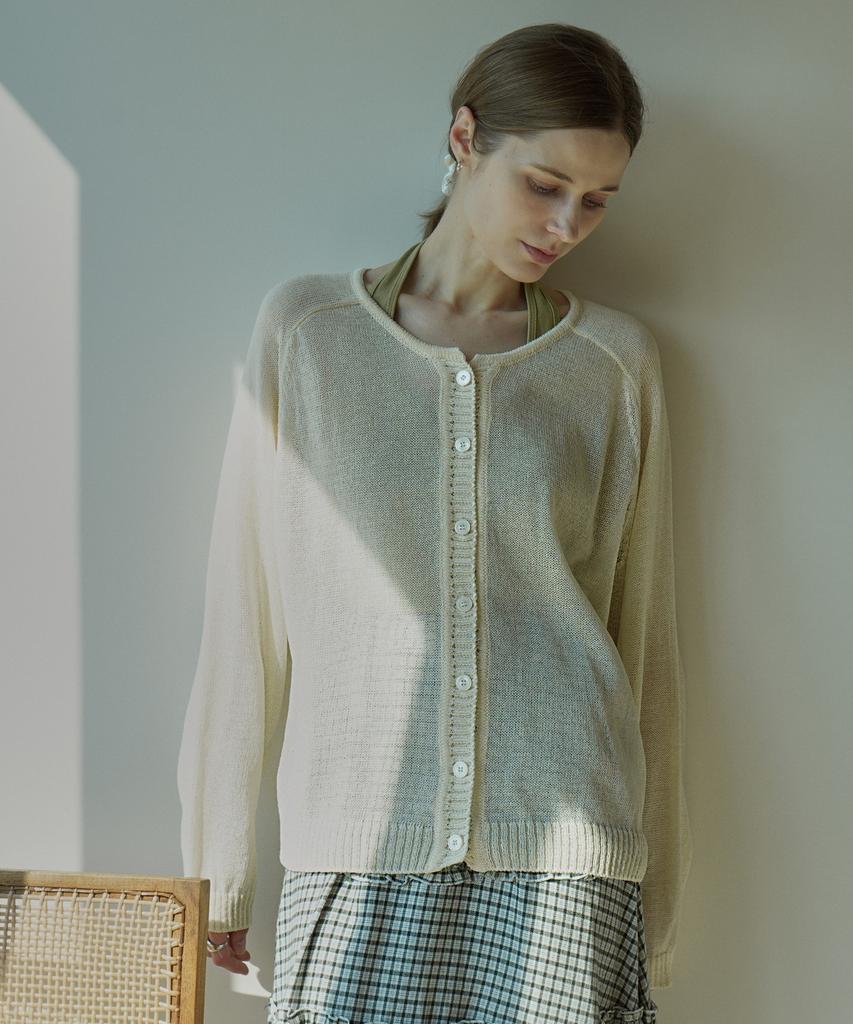 VLETI Summer Raglan Button Round-Neck Knit Cardigan (Ivory)