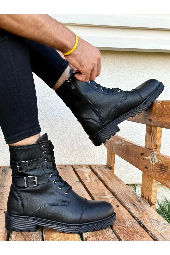 Men's Fashion Faux Leather Thick Heeled Boots Bootie Mario Rubber Sturdy Flexible Winter Water and Cold Proof Unisex Lace-Up and Zippered P Shoes