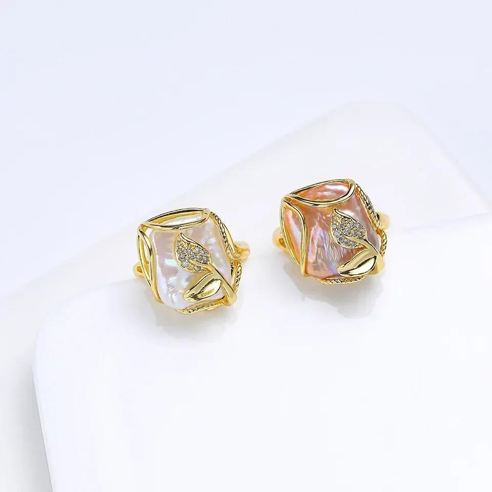 HENGSHENG 14-15mm Big Baroque Freshwater Cultured Pearl Rings for Women Vintage Tree leaf Open Adjustable Rings Jewelry Gift