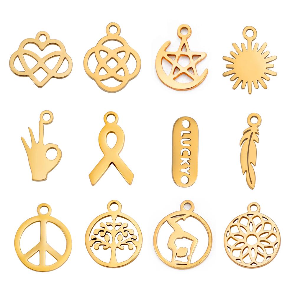 5pcs/lot Stainless Steel Gold Charms Irish Knot Hand Sun Flower Tree Ribbon Pentagram DIY Pendant for for Jewelry Making