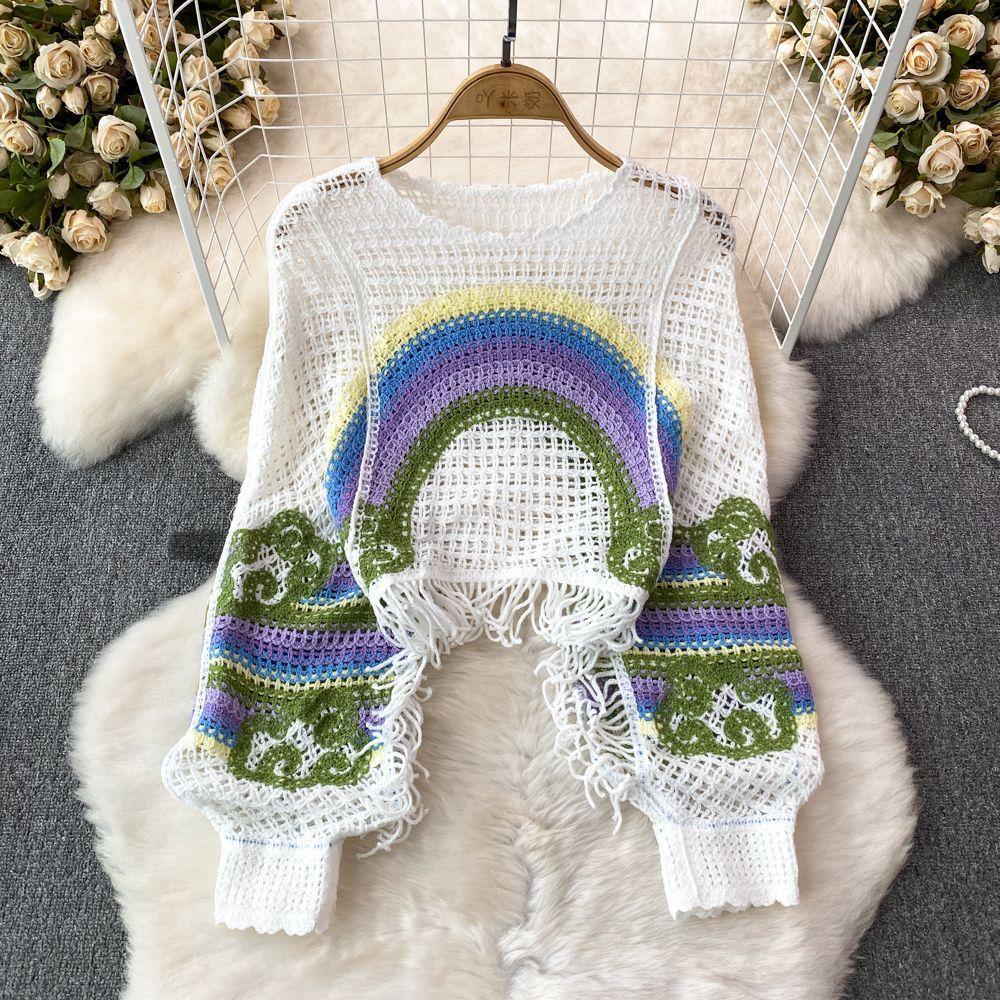 Autumn and Winter Lantern Long-sleeved Crochet Hollow Knitted Sweater Design Sense Tassel Outer Blouse Round Neck Loose Stacked Top