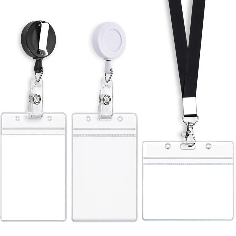 Horizontal and Vertical Waterproof ID Card Holder with Lanyard, Easy Pull Buckle, Retractable Badge Holder