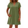 Women's Fashionable Solid Color V Neck Button Short Sleeved Pullover Dress