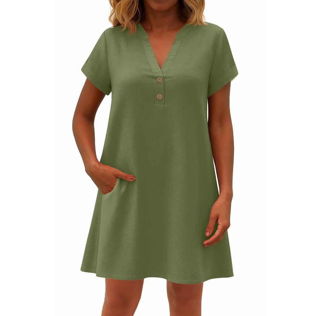 Women's Fashionable Solid Color V Neck Button Short Sleeved Pullover Dress