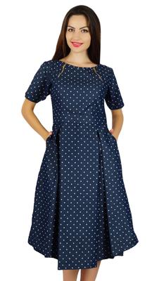 Женское синее хлопковое плиссированное платье с карманами. Шикарное повседневное миди.