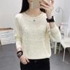 Spring and Autumn Long Sleeve Hollow Women's Knitted Shirt Solid Color Round Neck Hoodie Embroidered Nail Bead Bottom Shirt