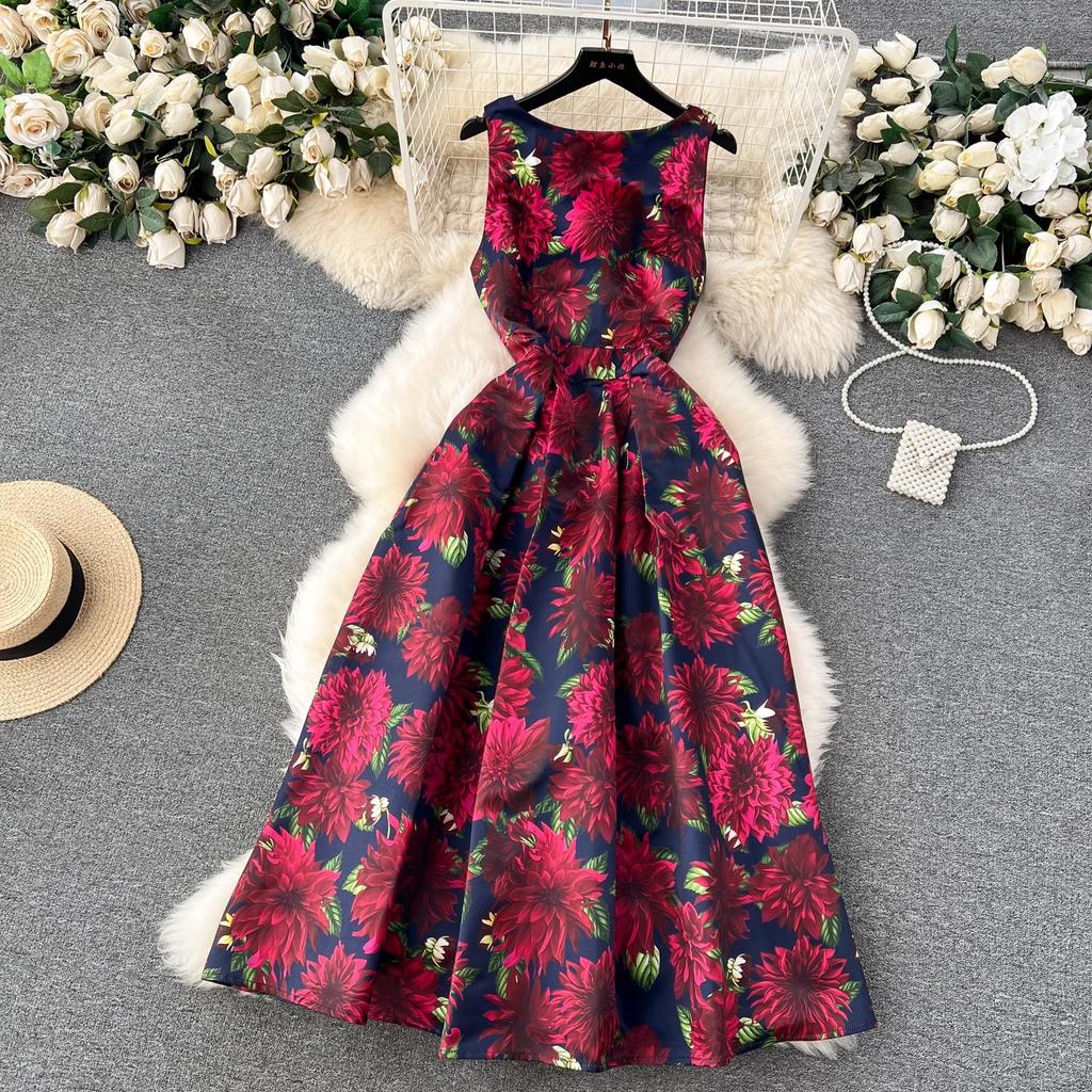 Summer Fashion Flower Vest Midi Dress Women's Sleeveless O-Neck Tank Floral Print Slim A Line Ball GownWomen Dresses