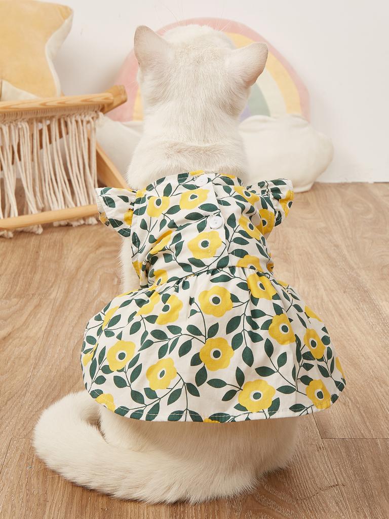 Платье для собаки, цветочный принт с желтыми цветами и зелеными листьями, воротник с оборками, милый наряд для щенка, модная одежда для домашних животных для маленьких собак
