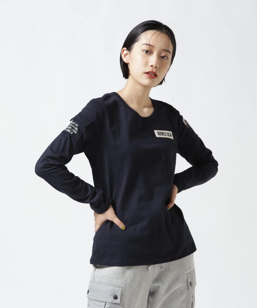 ФУТБОЛКА С ДЛИННЫМ РУКАВОМ FATIGUE Sleeve Fatigue L 120 Navy [Avirex] ЖЕНСКАЯ ФУТБОЛКА/Длинная футболка женская 783-2930602