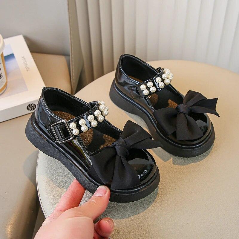 Children Fashion Leather Shoes for Girls Pearls with Bow Simple Platform Cute Princess Party Wedding Shows Kids Shoes Korean PU