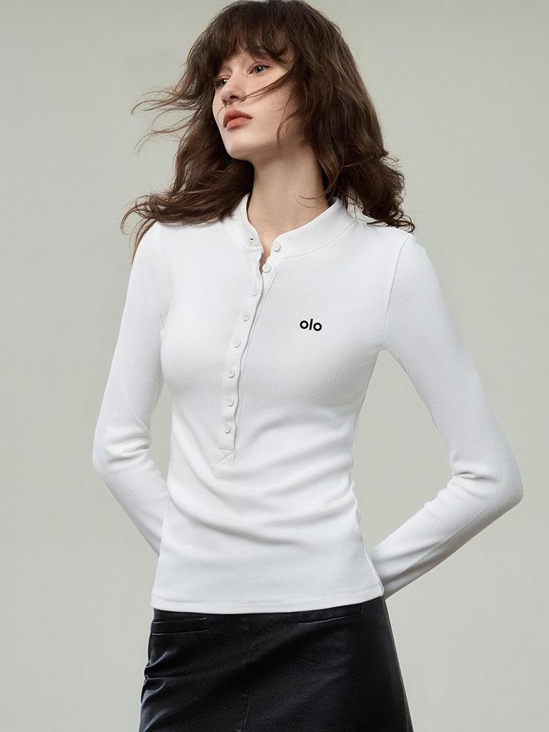 Women's Brushed Button Henley Long Sleeve T-Shirt - Autumn 2025 Print Slim Base Layer Top