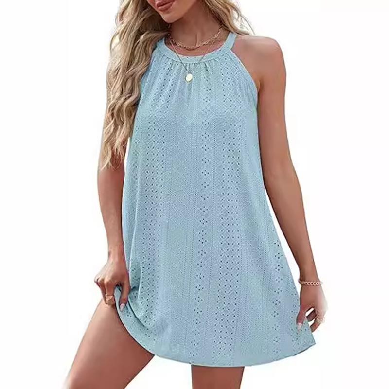 Летние женские платья, топы без рукавов с круглым вырезом и платье с лямкой на бретельках для женщин, жилет, однотонные пляжные платья