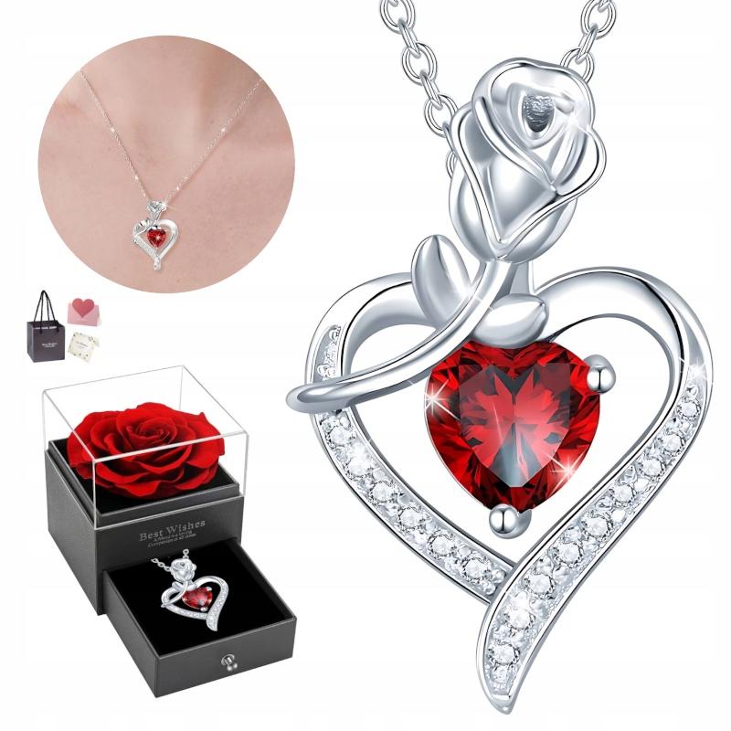 Women' SILVER Necklace Pendant Red Rose Cubic Zirconia Diamond