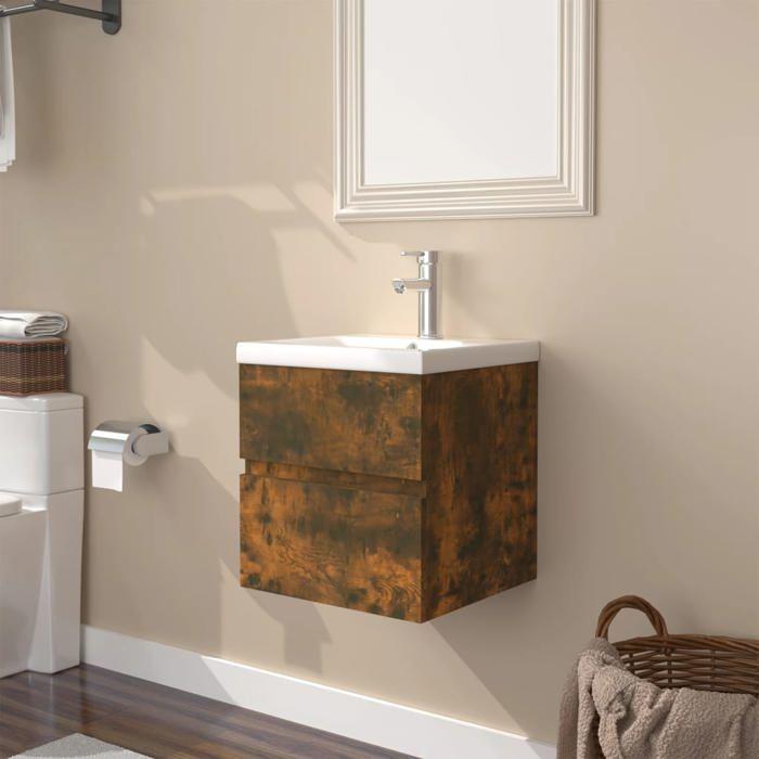 VidaXL Vanity Unit with Integrated Basin Under-Sink Cabinet Bathroom Storage Unit Home Smoked Oak Wood 3152858