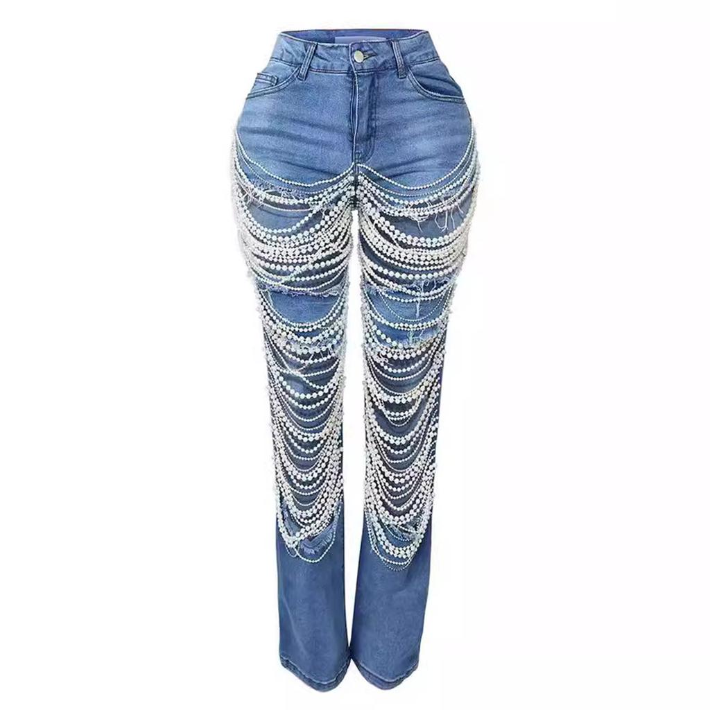 Broken Hole Heavy Industry Nail Bead Elastic Jeans Pants For Women